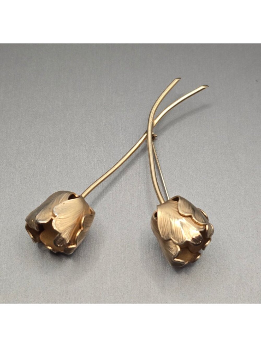 Vintage Giovanni Tulip Brooch 3.75" Long Stem Brushed Gold Tone 60s USA Made Pin - Picture 5 of 9